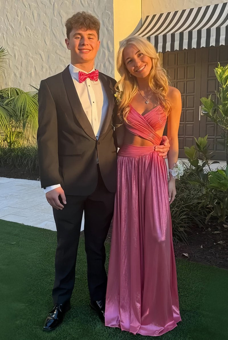 Arvyn | Hot Pink - A Line V Neck Metallic Satin Long Prom Dresses With Cut out - KissProm