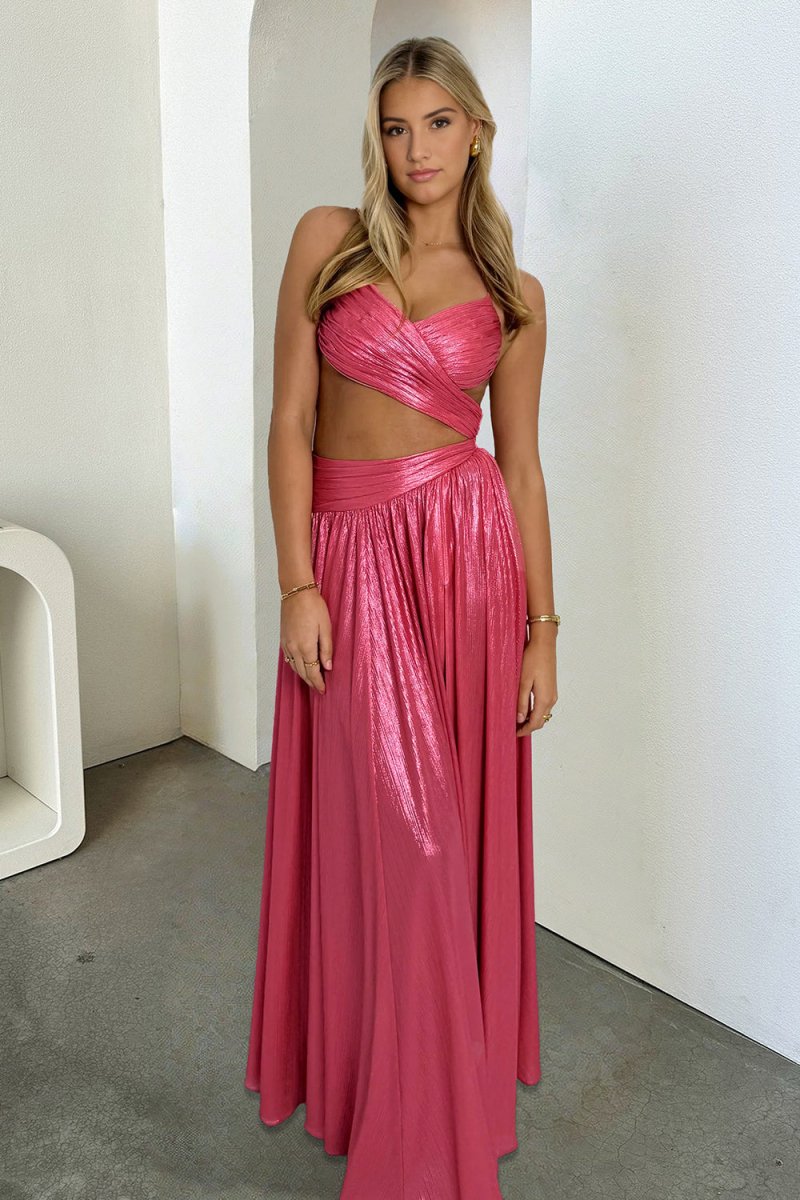 Arvyn | Hot Pink - A Line V Neck Metallic Satin Long Prom Dresses With Cut out - KissProm