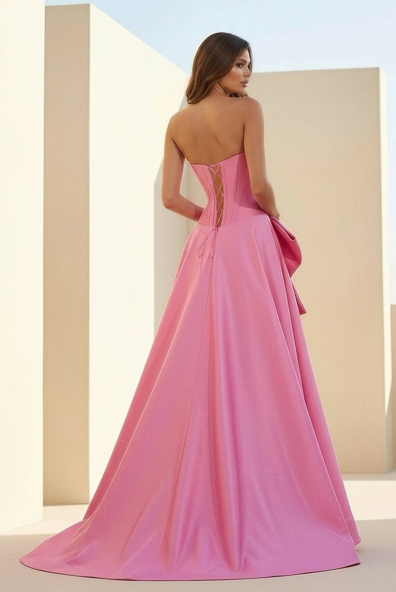 Aspen | Pink - Strapless A Line Satin Pearl Long Formal Prom Dresses With Bow - KissProm
