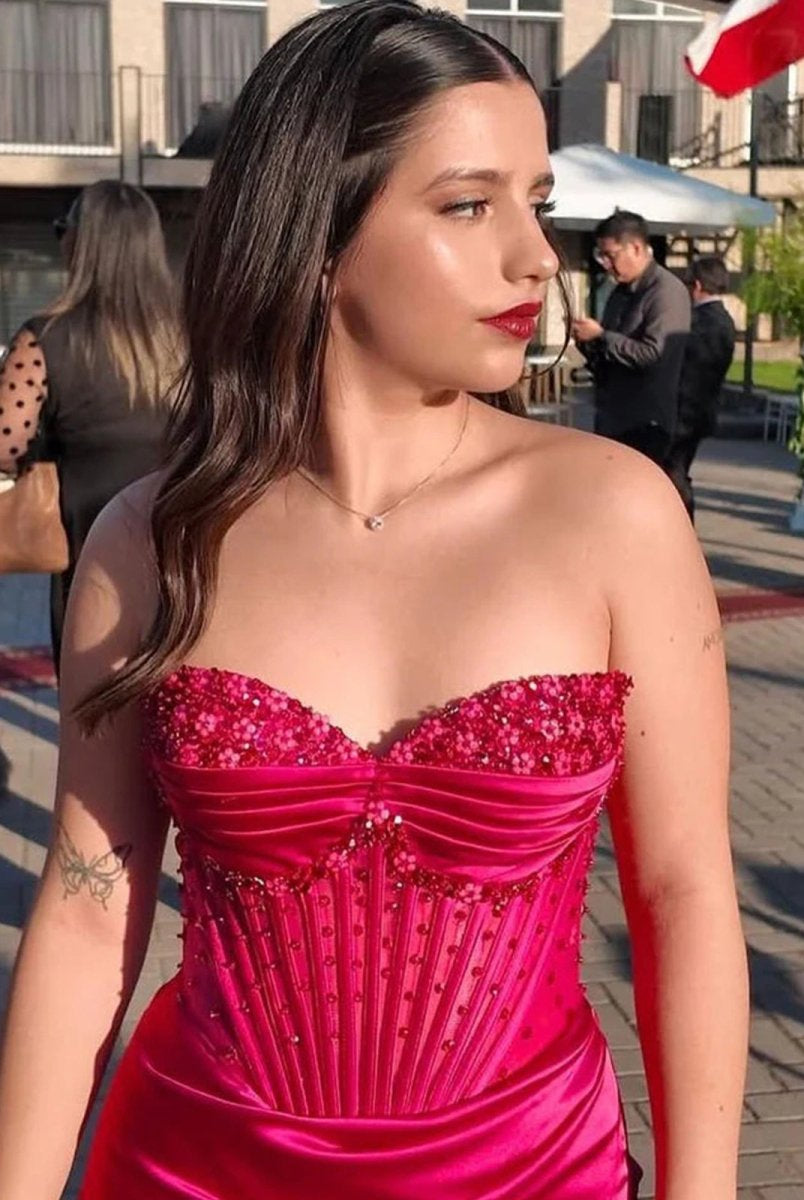 KissProm-Astraea Mermaid Strapless Fuchsia Beaded Ruched Long Prom Dress with Slit