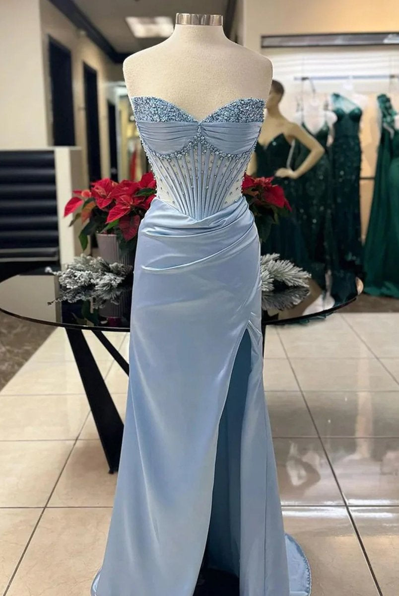 KissProm-Astraea Mermaid Strapless Blue Beaded Ruched Long Prom Dress with Slit