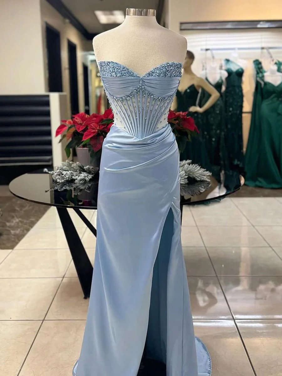 KissProm-Astraea Mermaid Strapless Blue Beaded Ruched Long Prom Dress with Slit