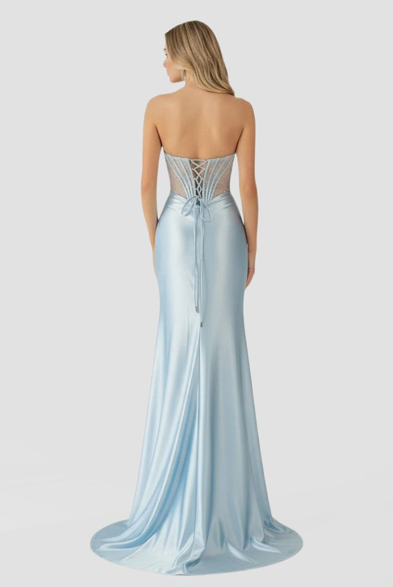 KissProm-Astraea Mermaid Strapless Blue Beaded Ruched Long Prom Dress with Slit