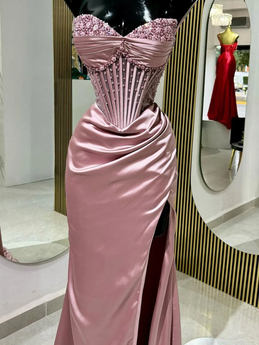 KissProm-Astraea Mermaid Strapless Pink Beaded Ruched Long Prom Dress with Slit