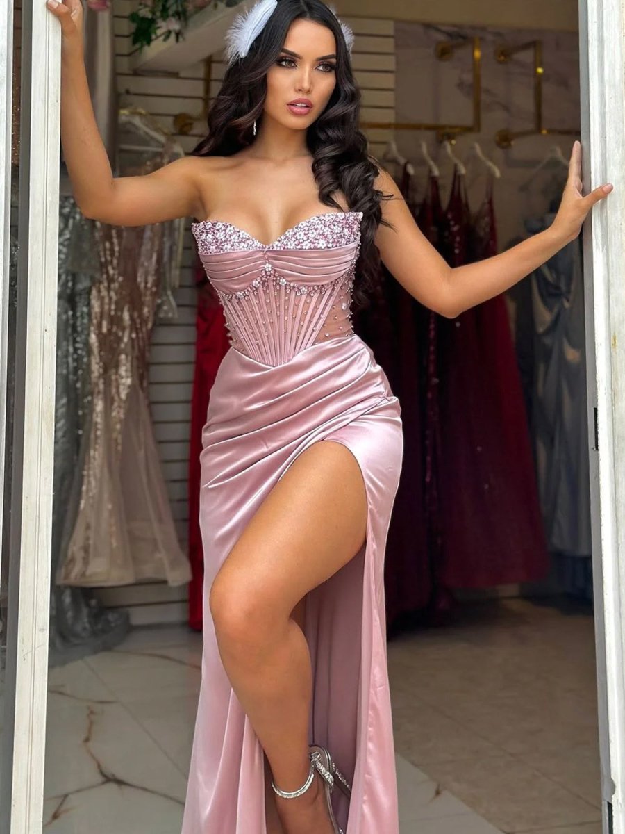 KissProm-Astraea Mermaid Strapless Pink Beaded Ruched Long Prom Dress with Slit