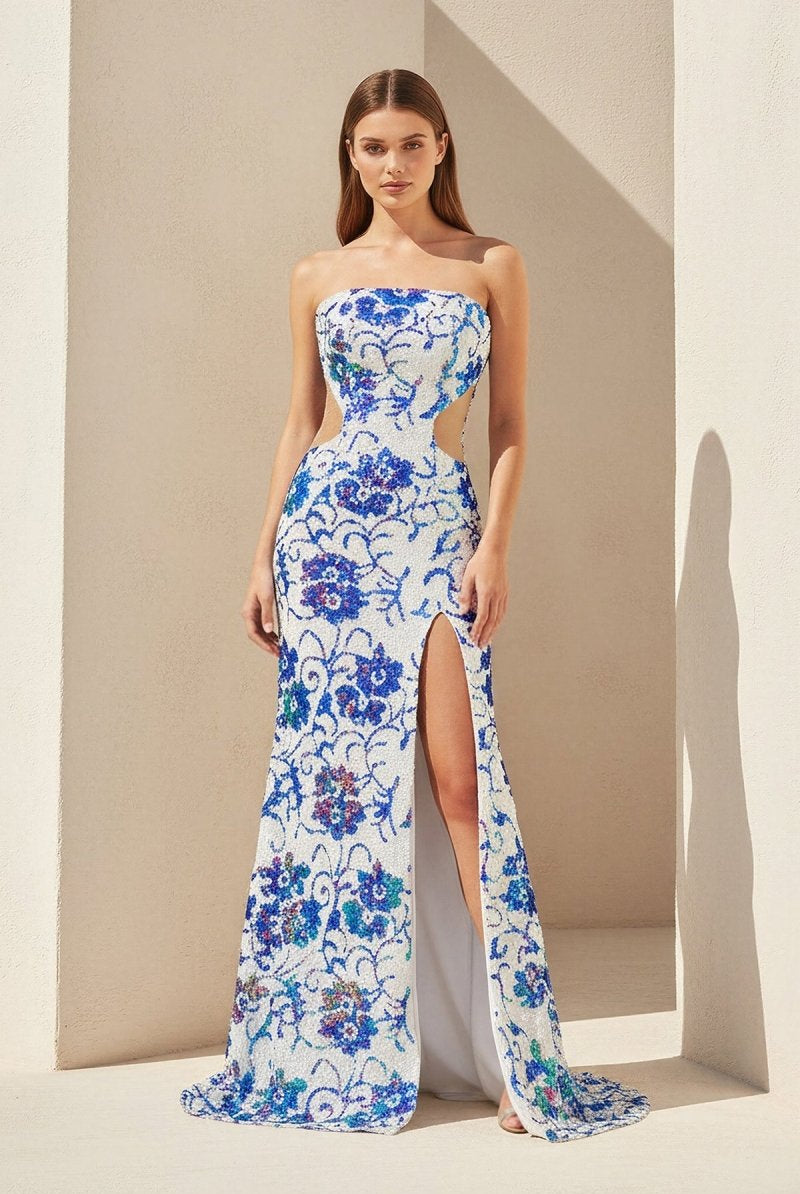 Astral | Blue - Strapless Mermaid Sequined Cutout Long Formal Prom Dresses With Slit - KissProm