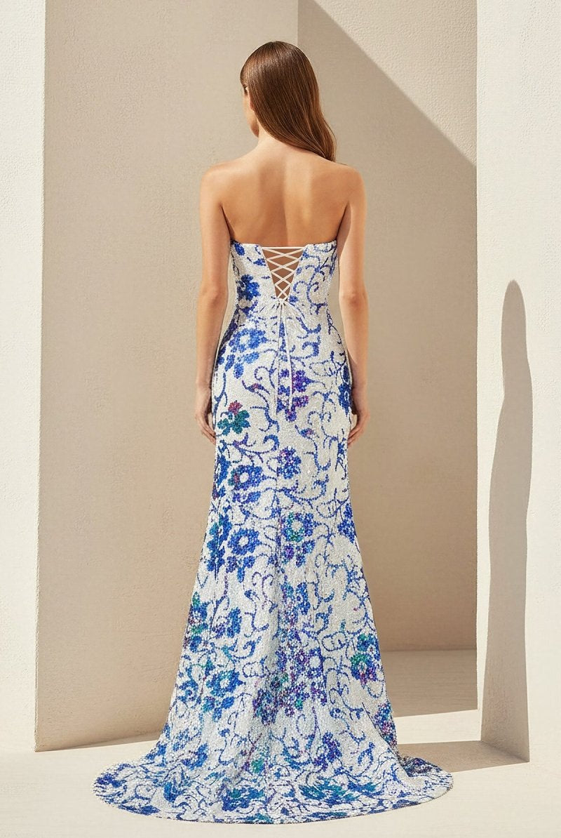 Astral | Blue - Strapless Mermaid Sequined Cutout Long Formal Prom Dresses With Slit - KissProm