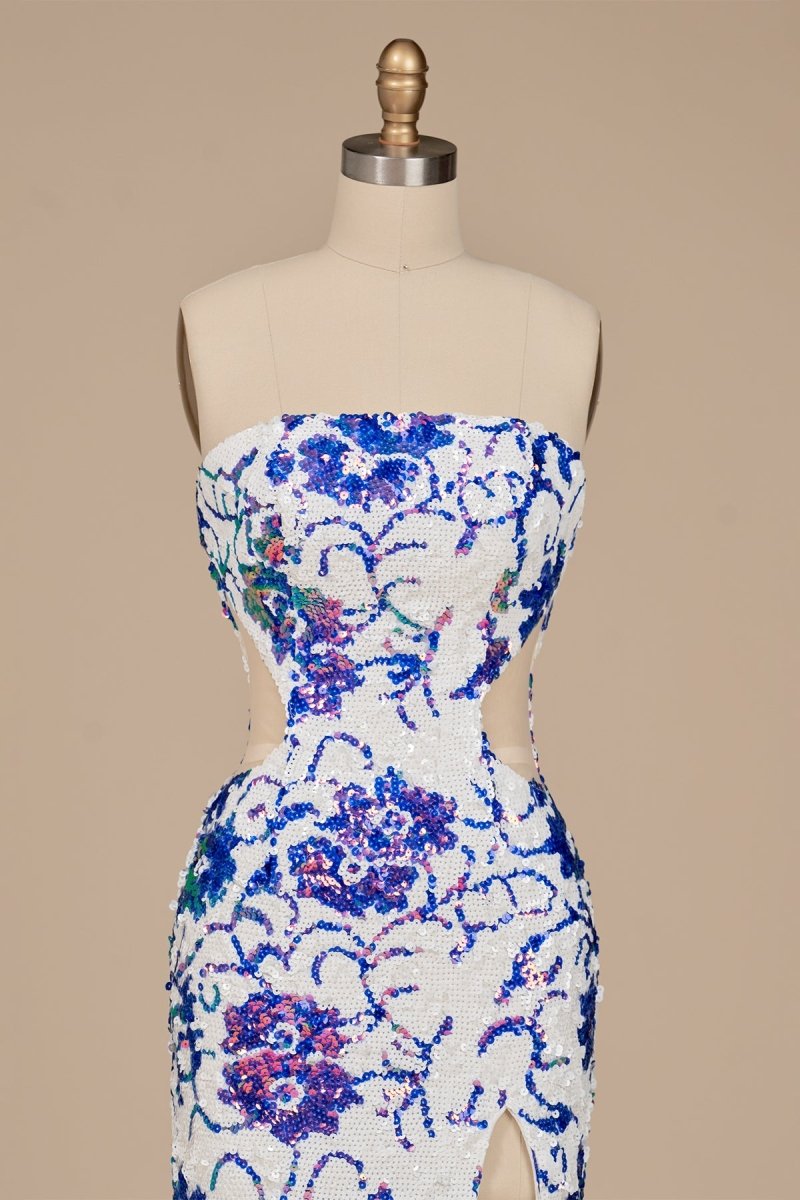 Astral | Blue - Strapless Mermaid Sequined Cutout Long Formal Prom Dresses With Slit - KissProm