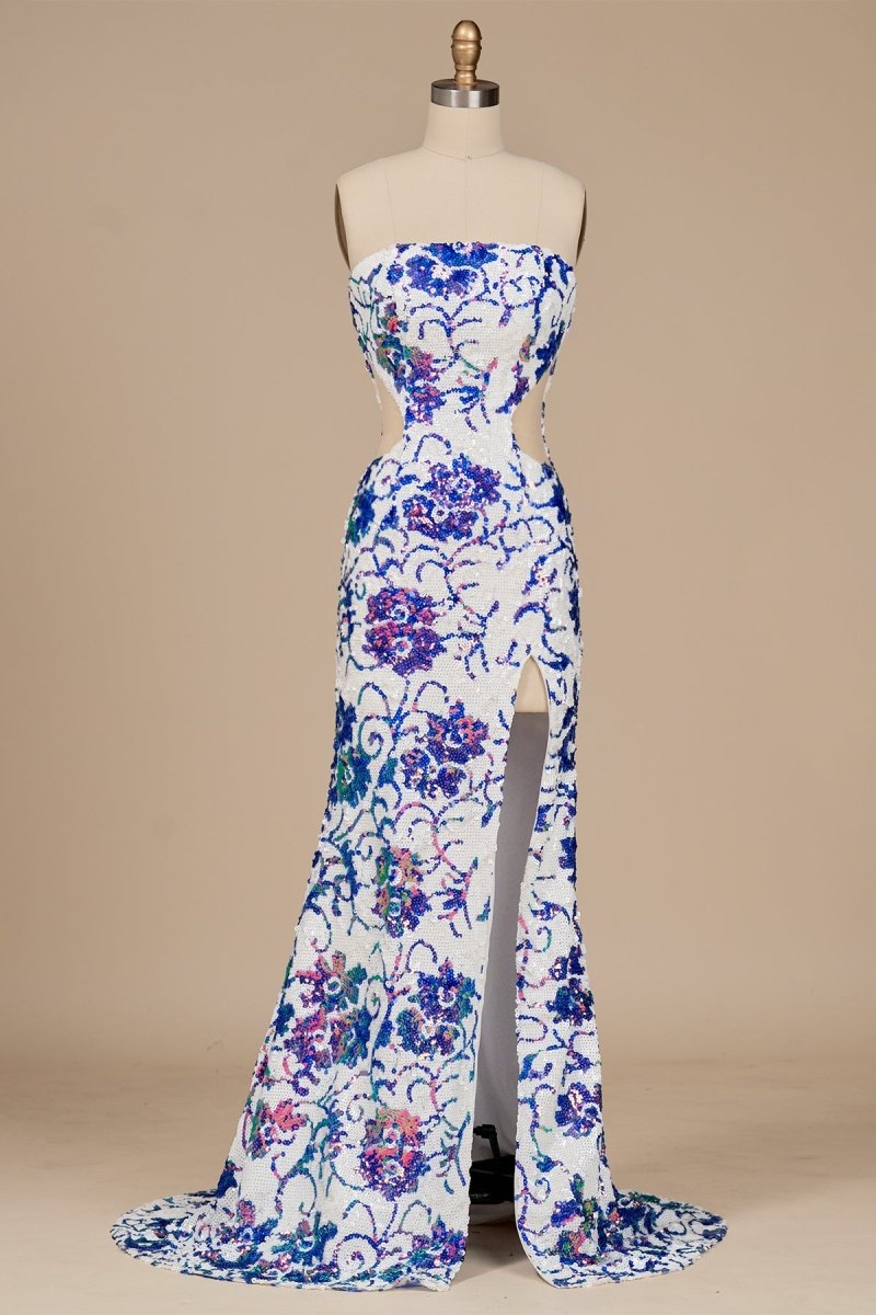 Astral | Blue - Strapless Mermaid Sequined Cutout Long Formal Prom Dresses With Slit - KissProm