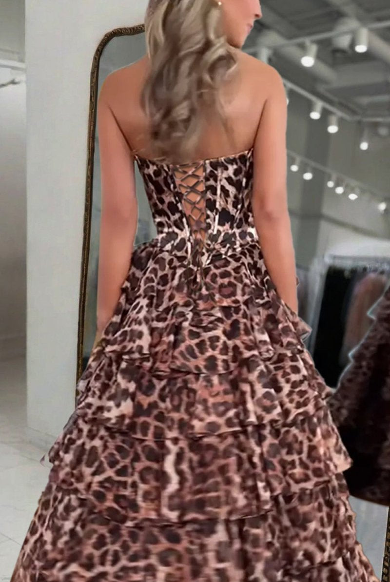 Athos | Leopard - A Line Chiffon Strapless Corset Long Prom Dresses with Tiered Ruffles - KissProm