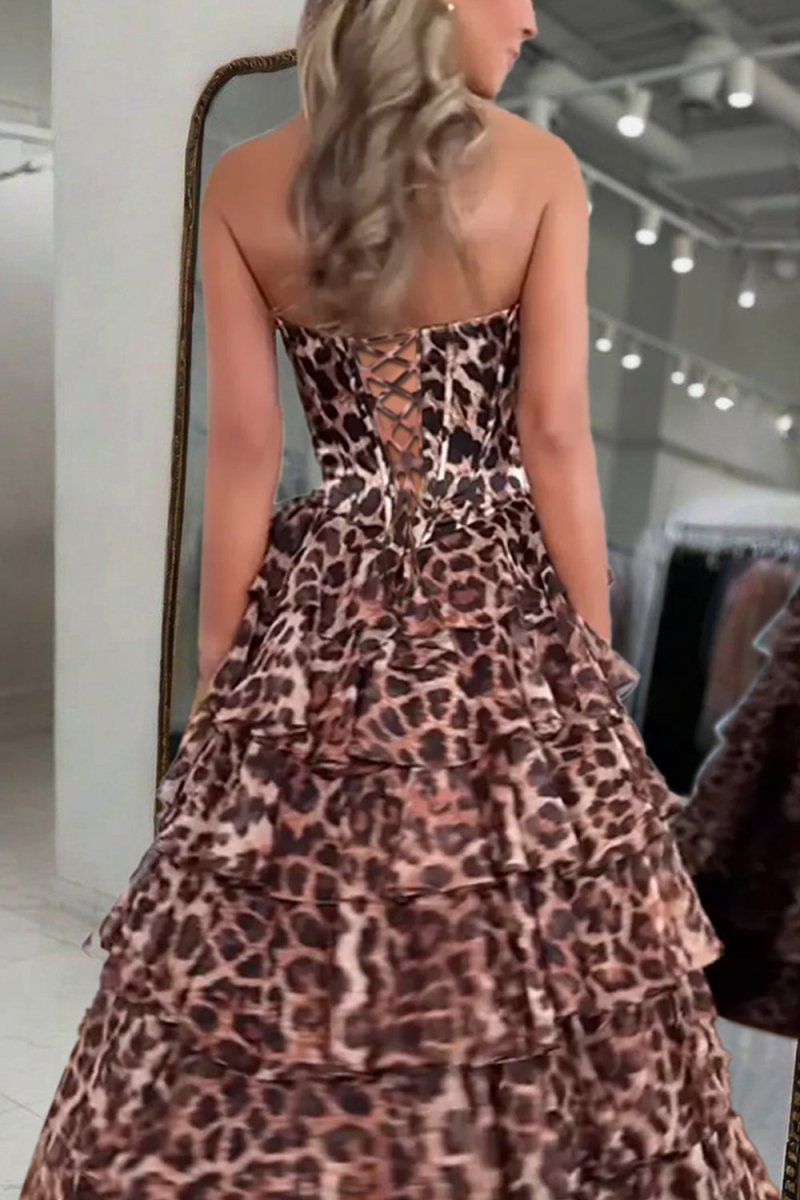 Athos | Leopard - A Line Chiffon Strapless Corset Long Prom Dresses with Tiered Ruffles - KissProm