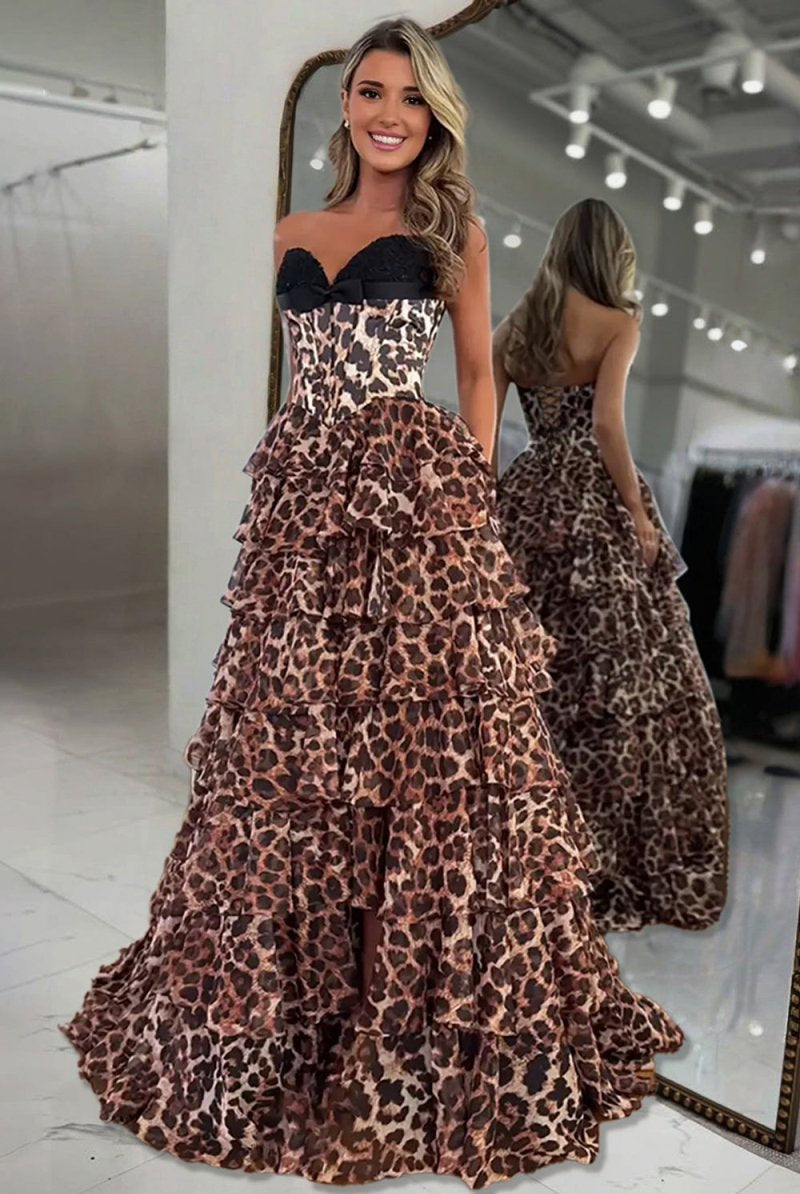 Athos | Leopard - A Line Chiffon Strapless Corset Long Prom Dresses with Tiered Ruffles - KissProm