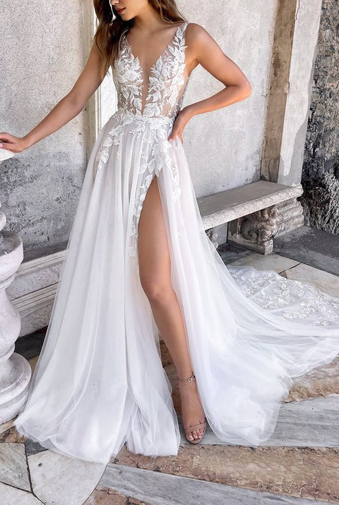 Hermosa | Attractive Illusion Deep V Neck Lace Appliques Boho Wedding Dress with Slit