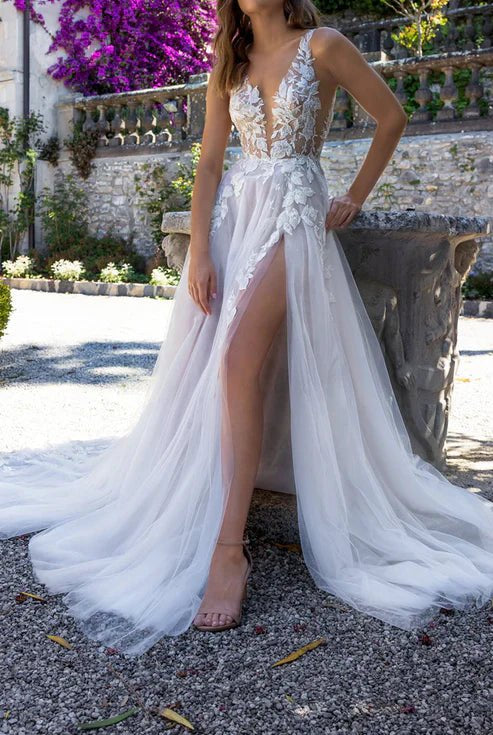 Hermosa | Attractive Illusion Deep V Neck Lace Appliques Boho Wedding Dress with Slit