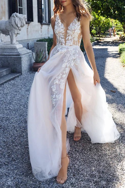 Hermosa | Attractive Illusion Deep V Neck Lace Appliques Boho Wedding Dress with Slit
