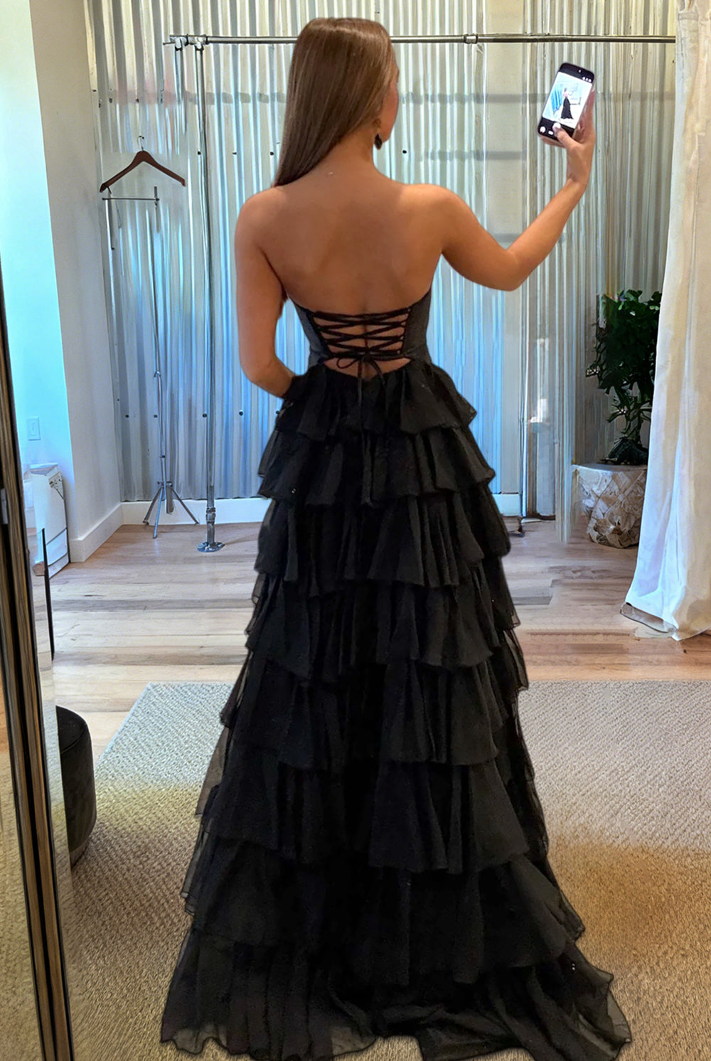 Aubree | Black - Strapless A Line Chiffon Ruffled Prom Dresses With Cutout -KissProm