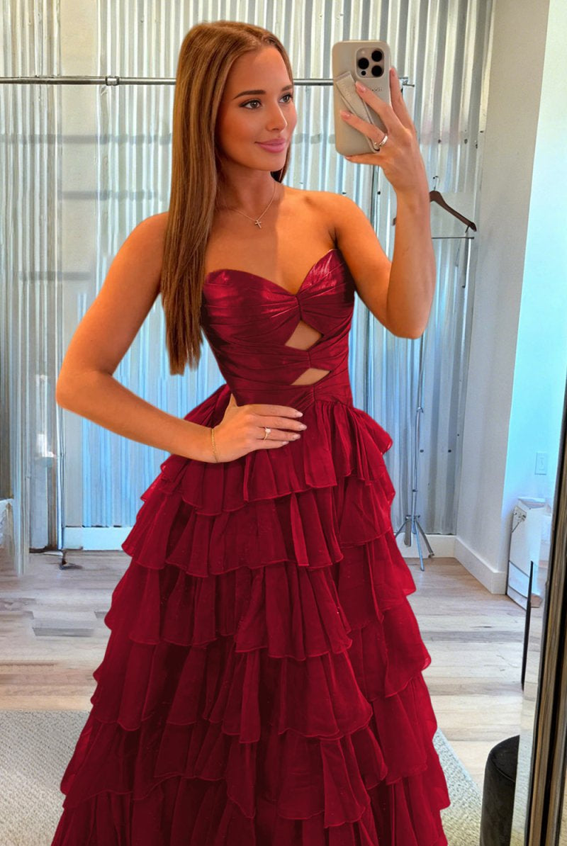 Aubree | Burgundy - Strapless A Line Chiffon Ruffled Prom Dresses With Cutout -KissProm