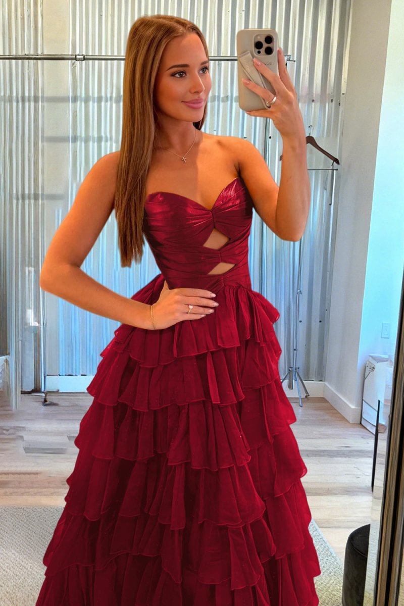 Aubree | Burgundy - Strapless A Line Chiffon Ruffled Prom Dresses With Cutout -KissProm