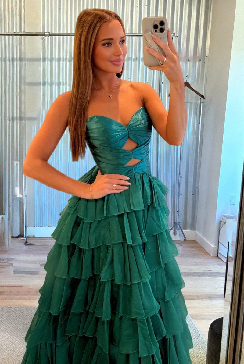 Aubree | Emerald - Strapless A Line Chiffon Ruffled Prom Dresses With Cutout -KissProm