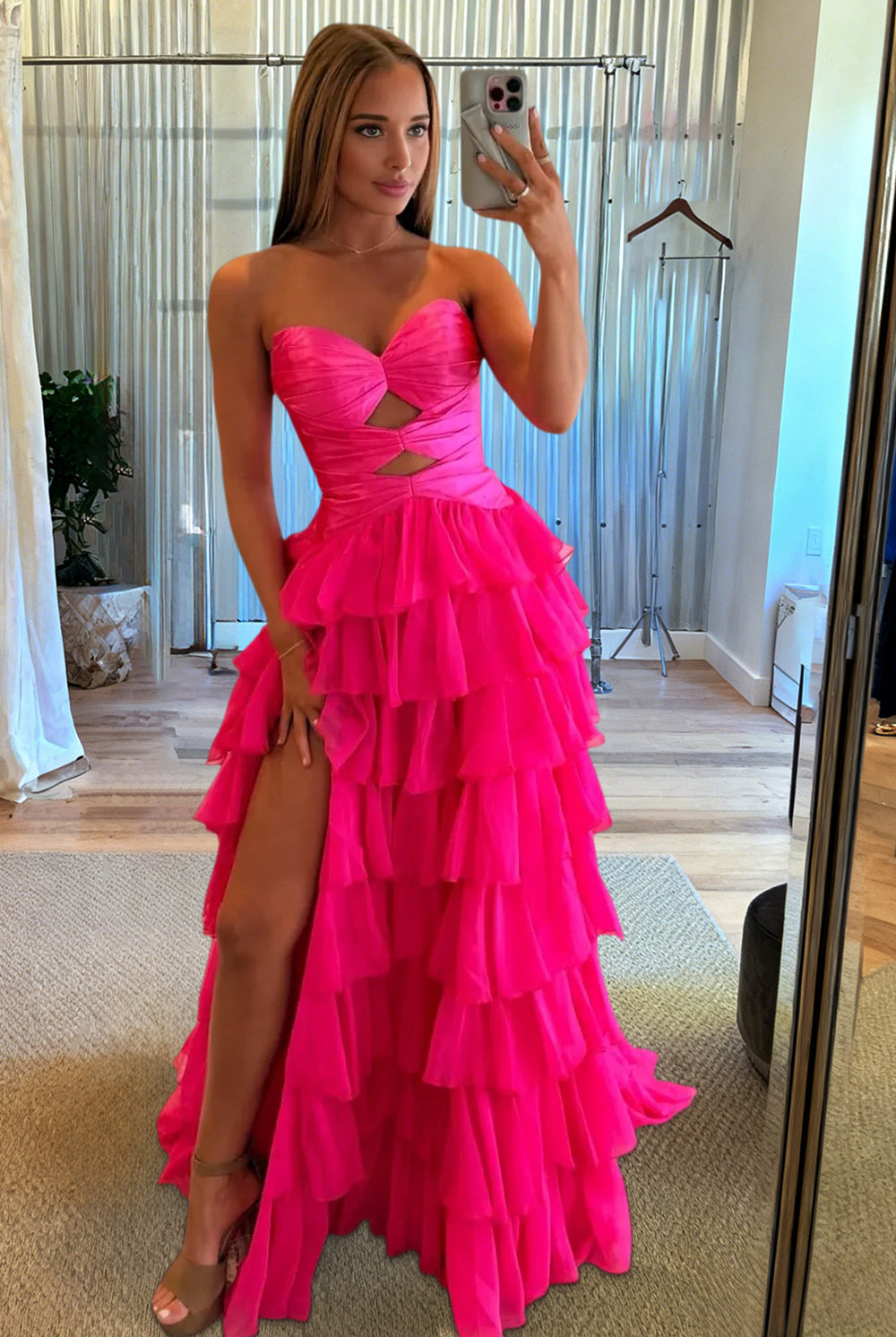 Aubree | Fuchsia - Strapless A Line Chiffon Ruffled Prom Dresses With Cutout -KissProm