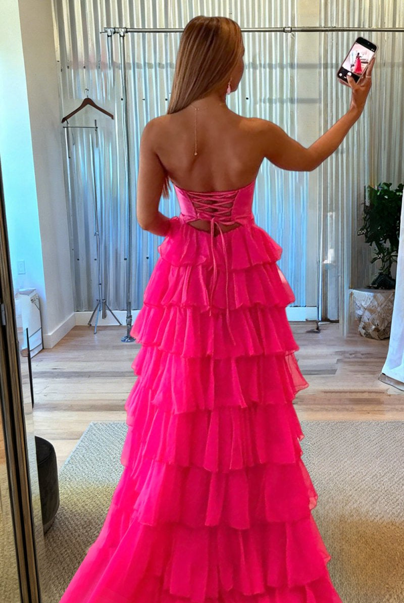 Aubree | Fuchsia - Strapless A Line Chiffon Ruffled Prom Dresses With Cutout - KissProm