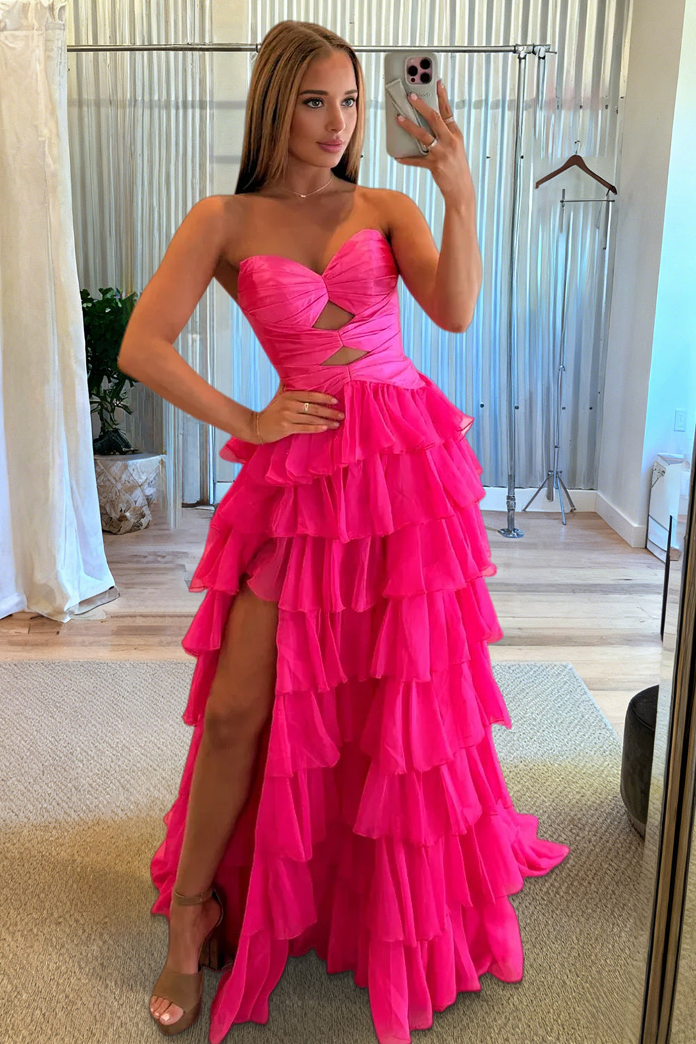 Aubree | Fuchsia - Strapless A Line Chiffon Ruffled Prom Dresses With Cutout -KissProm