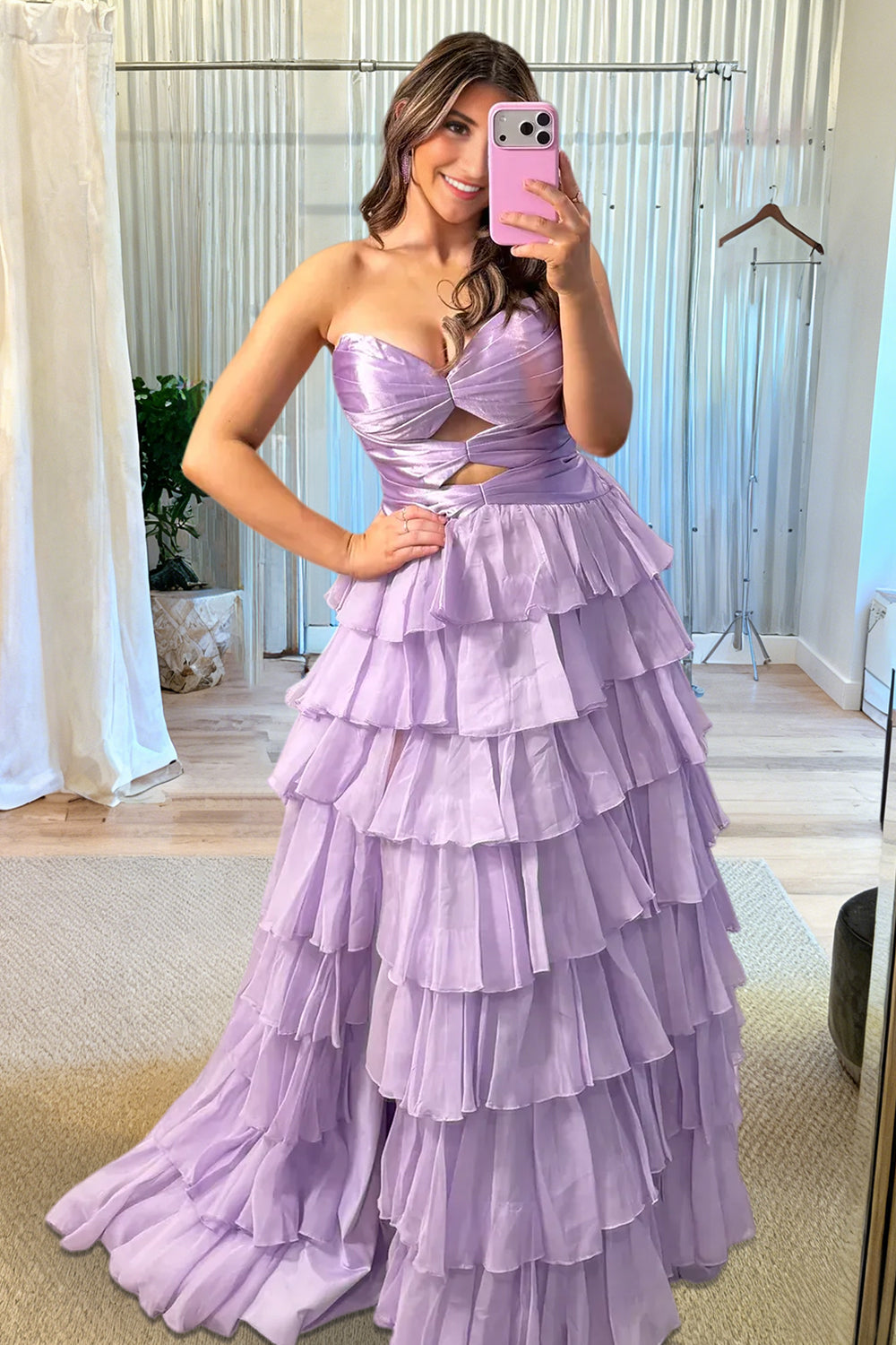 Aubree | Lilac - Strapless A Line Chiffon Ruffled Prom Dresses With Cutout -KissProm