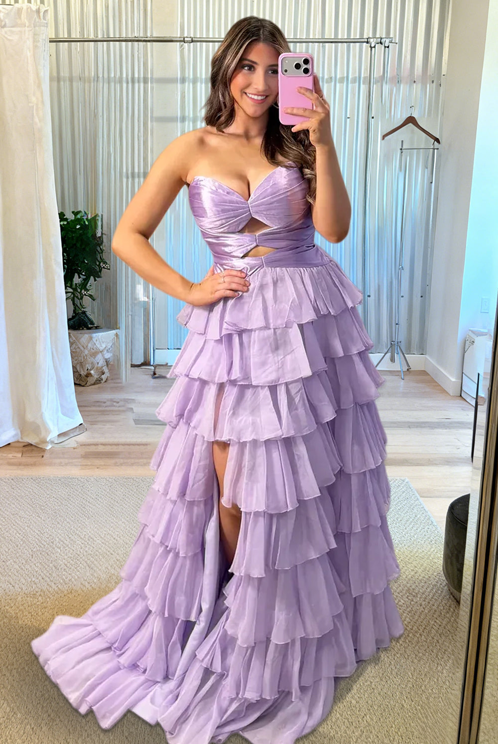 Aubree | Lilac - Strapless A Line Chiffon Ruffled Prom Dresses With Cutout -KissProm