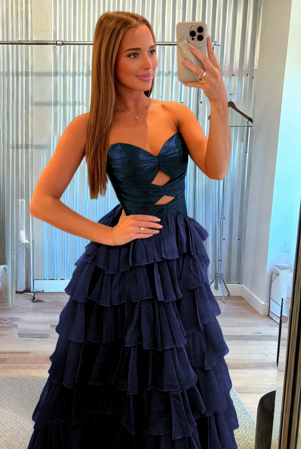 Aubree | Navy Blue - Strapless A Line Chiffon Ruffled Prom Dresses With Cutout - KissProm