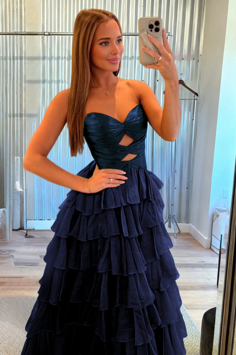 Aubree | Navy Blue - Strapless A Line Chiffon Ruffled Prom Dresses With Cutout -KissProm
