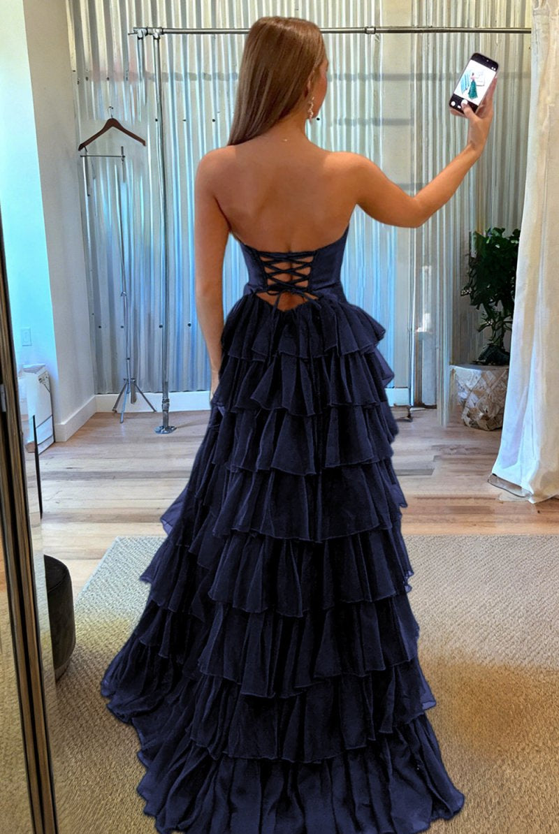 Aubree | Navy Blue - Strapless A Line Chiffon Ruffled Prom Dresses With Cutout -KissProm
