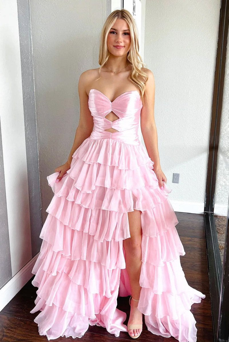 Aubree | Pink - Strapless A Line Chiffon Ruffled Prom Dresses With Cutout -KissProm