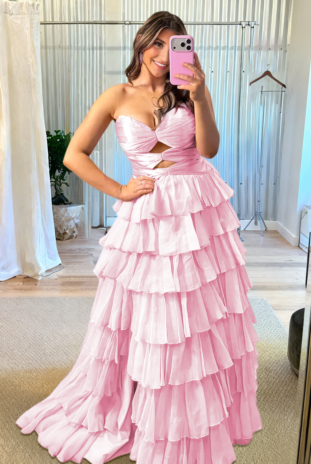 Aubree | Pink - Strapless A Line Chiffon Ruffled Prom Dresses With Cutout - KissProm