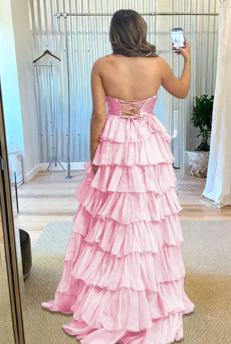 Aubree | Pink - Strapless A Line Chiffon Ruffled Prom Dresses With Cutout -KissProm