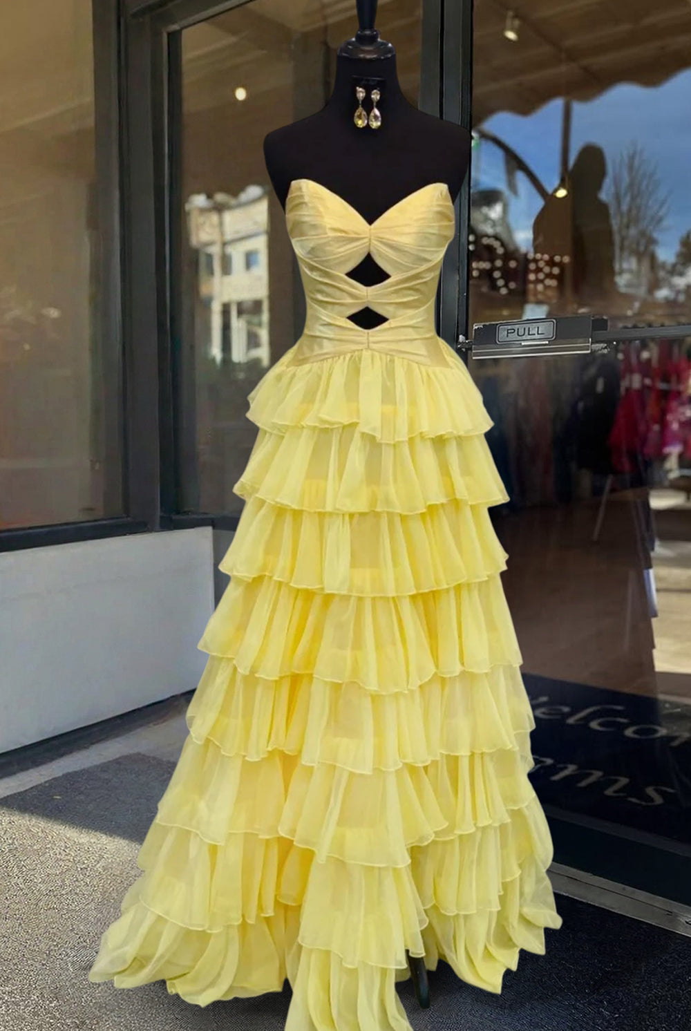 Aubree | Yellow - Strapless A Line Chiffon Ruffled Prom Dresses With Cutout -KissProm