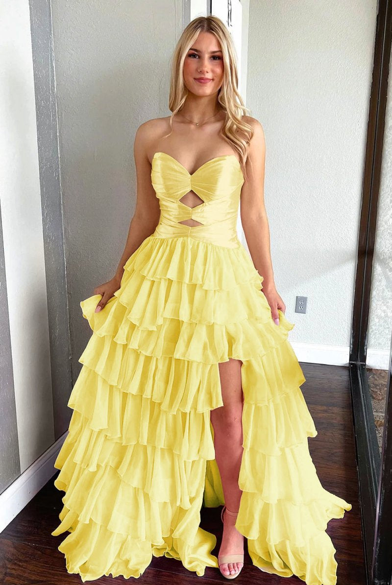 Aubree | Yellow - Strapless A Line Chiffon Ruffled Prom Dresses With Cutout -KissProm