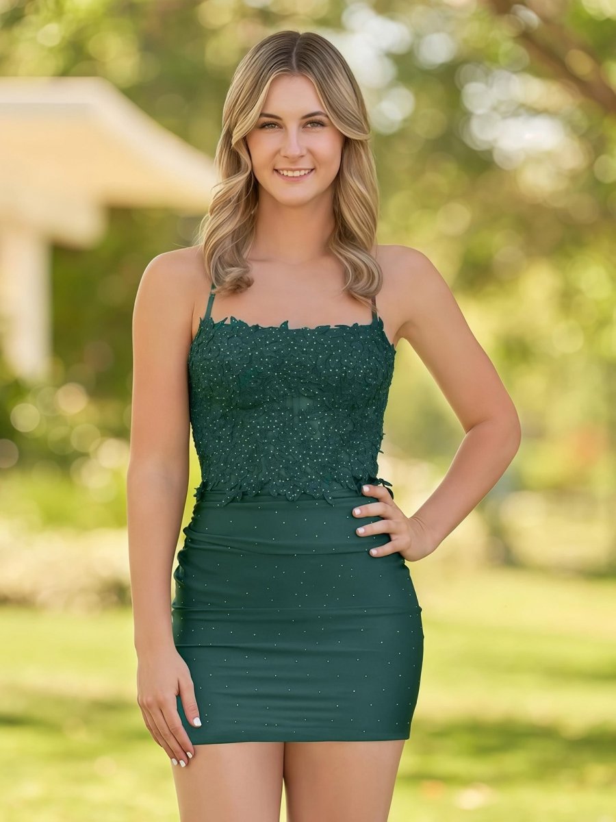 Bodycon Dark Green Spaghetti Straps Short Homecoming Dress with Appliques, Dark Green / 10 Bodycon Dark Green Spaghetti Straps Short Homecoming Dress with Appliques, Dark Green / 10
