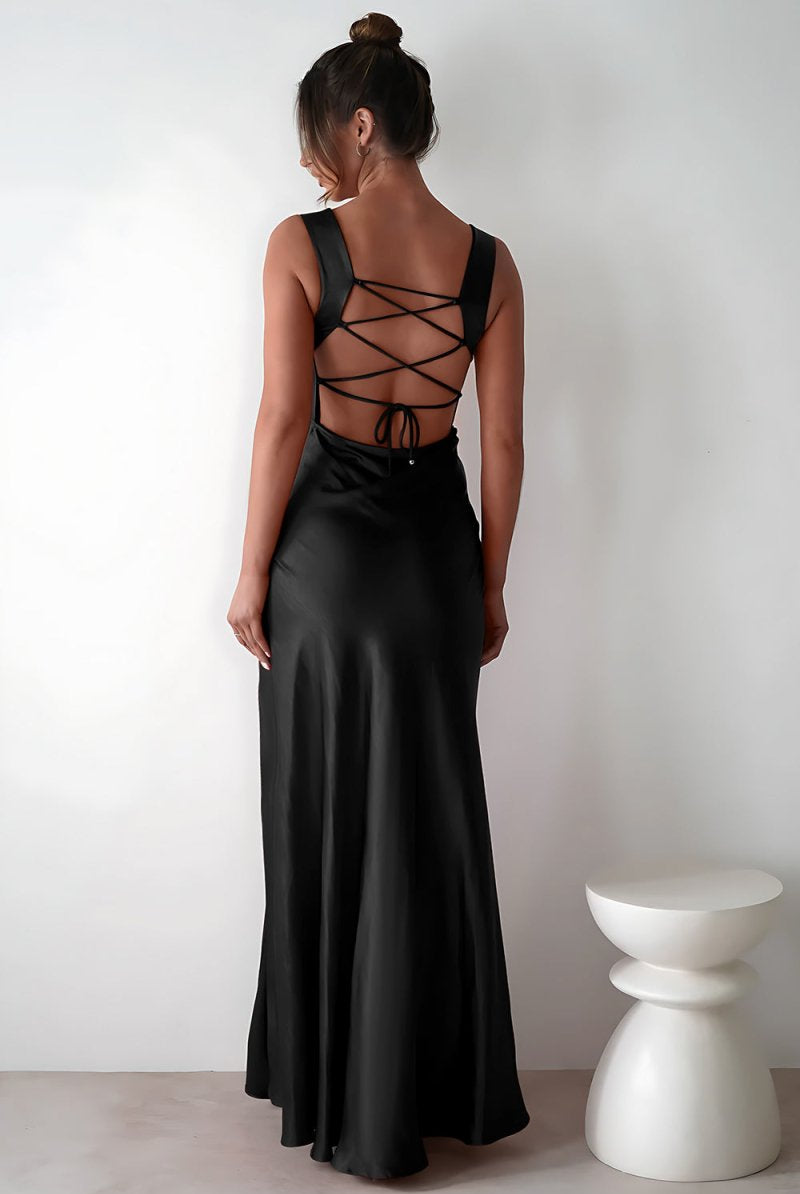 Auren | Red - A - Line Square Neck Satin Long Prom Dresses with Slit - KissProm