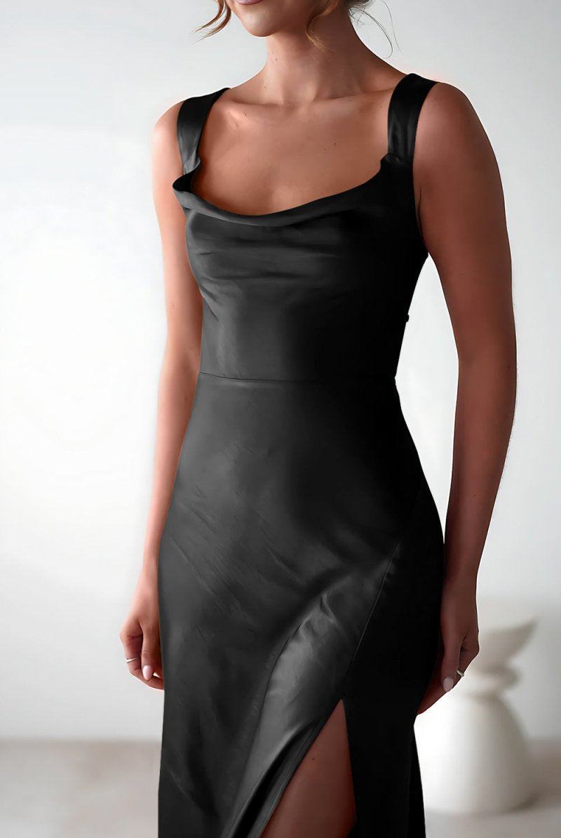 Auren | Red - A - Line Square Neck Satin Long Prom Dresses with Slit - KissProm