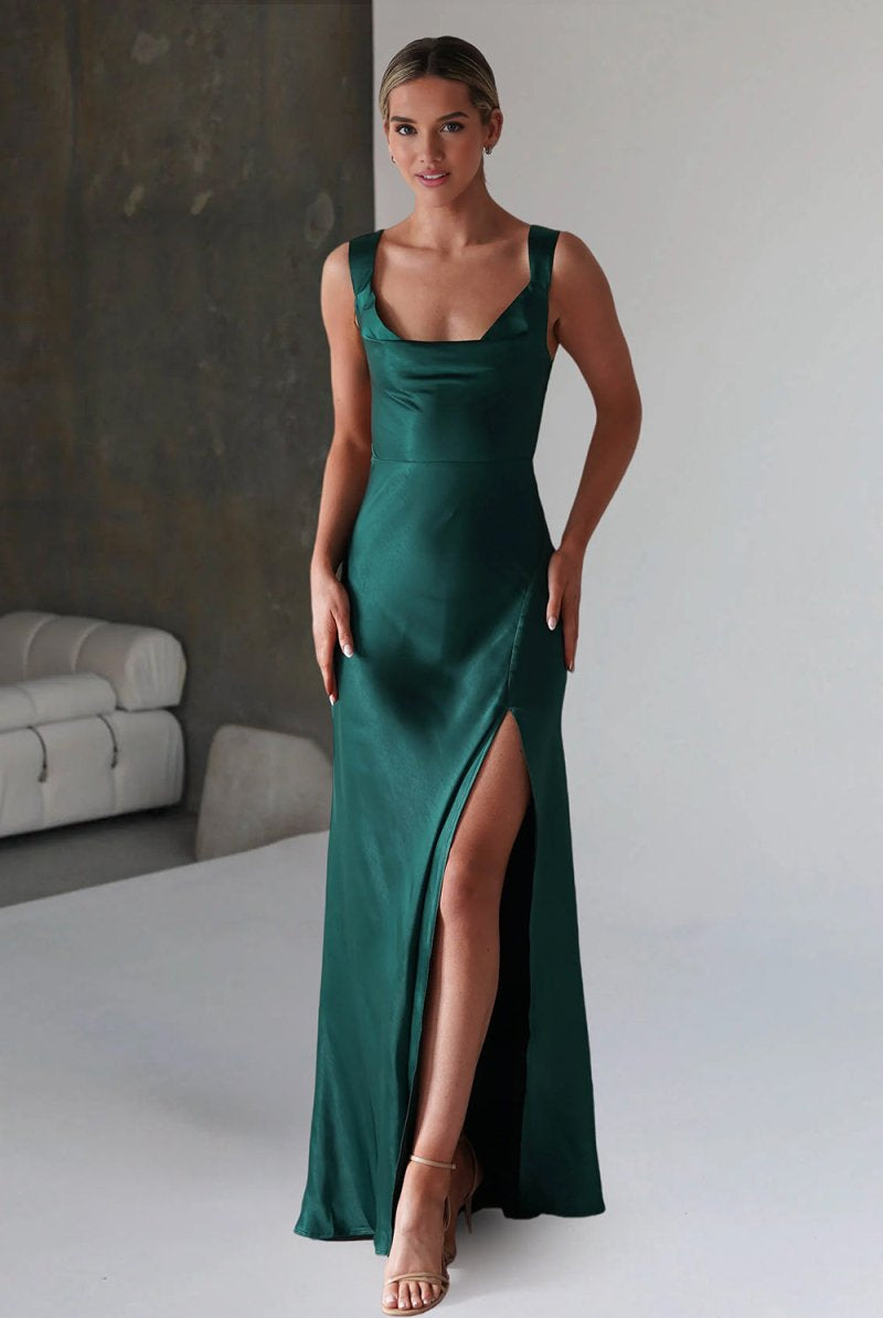 Auren | Red - A - Line Square Neck Satin Long Prom Dresses with Slit - KissProm