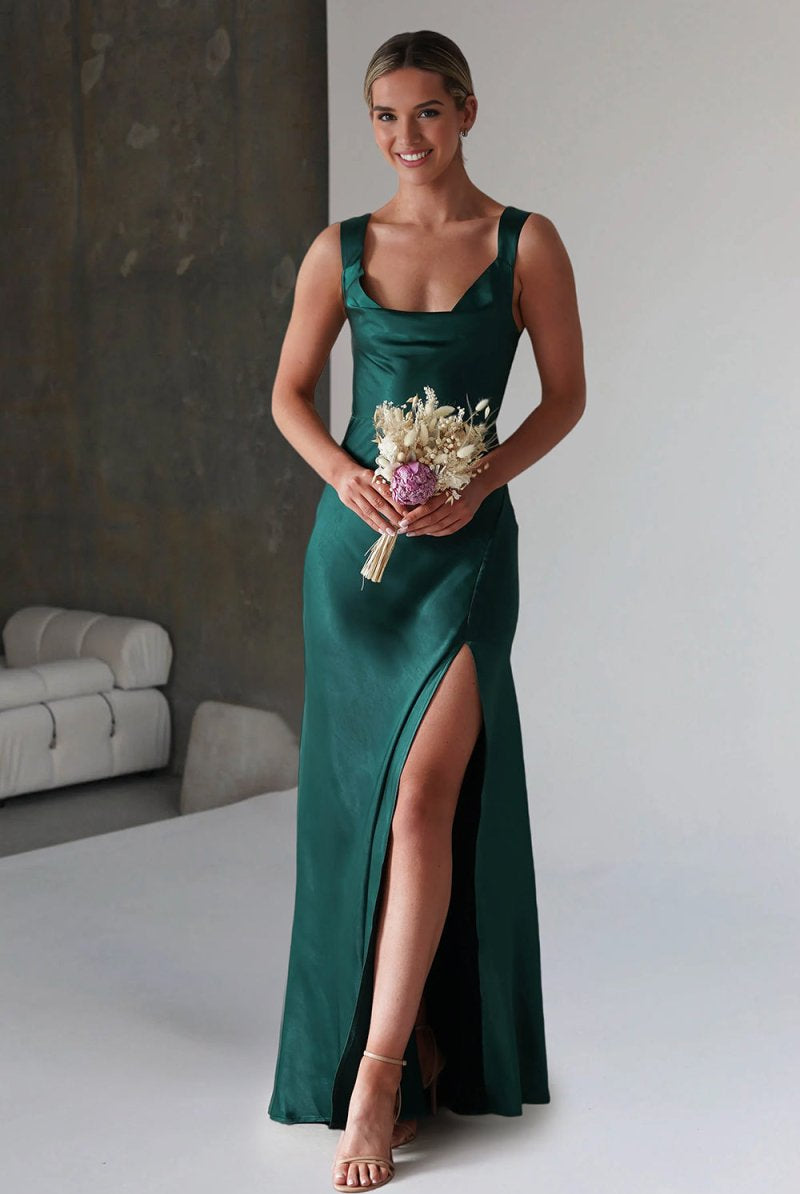 Auren | Red - A - Line Square Neck Satin Long Prom Dresses with Slit - KissProm