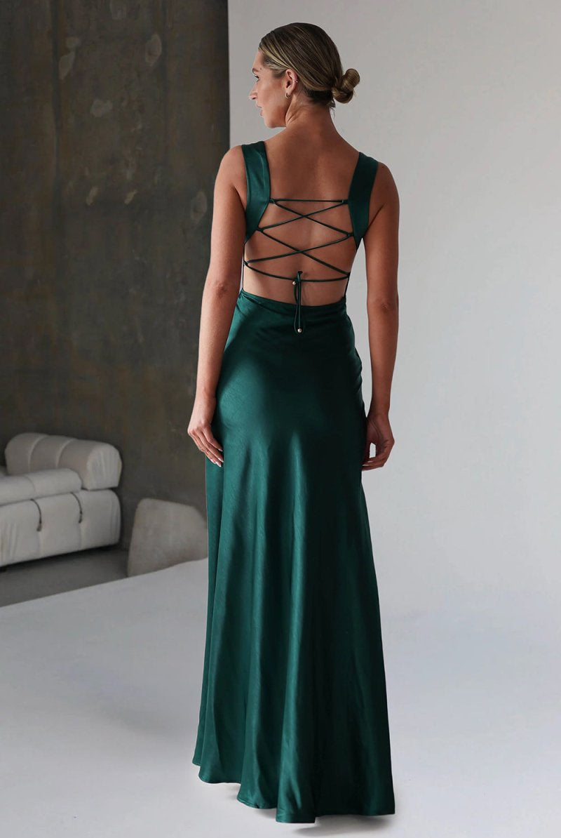 Auren | Red - A - Line Square Neck Satin Long Prom Dresses with Slit - KissProm