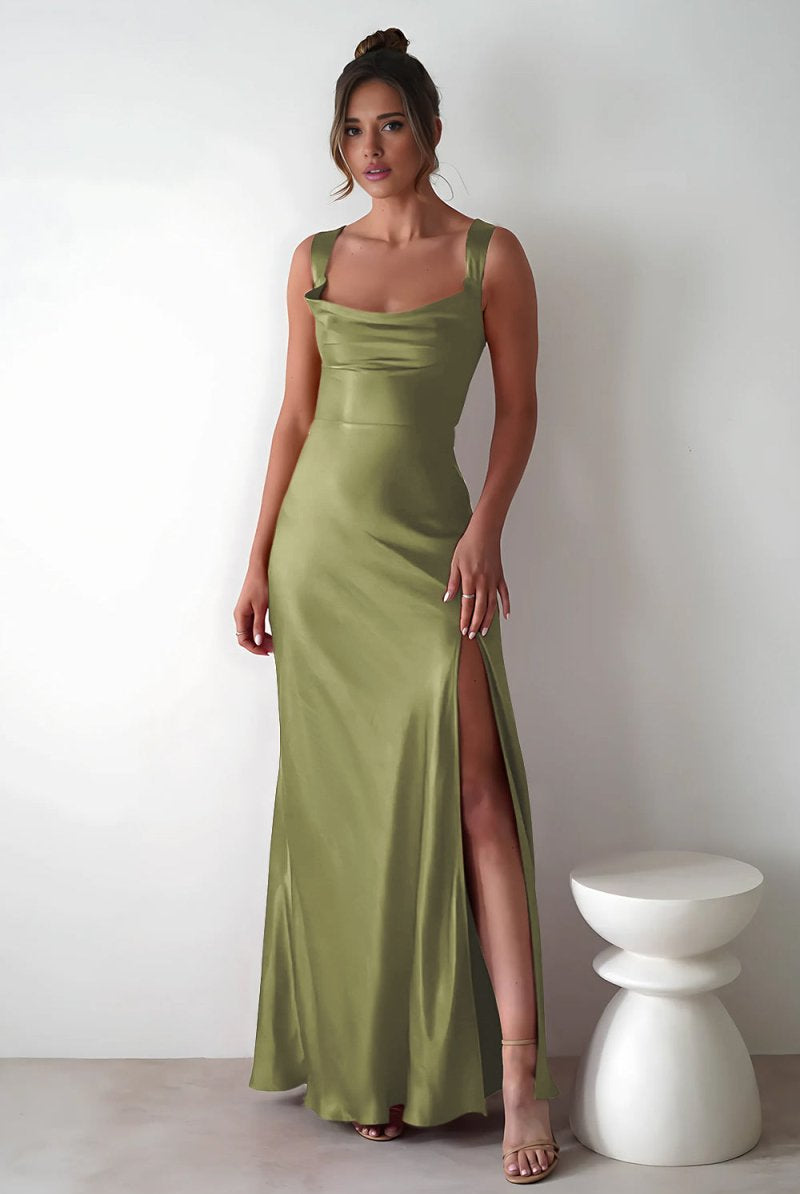 Auren | Red - A - Line Square Neck Satin Long Prom Dresses with Slit - KissProm