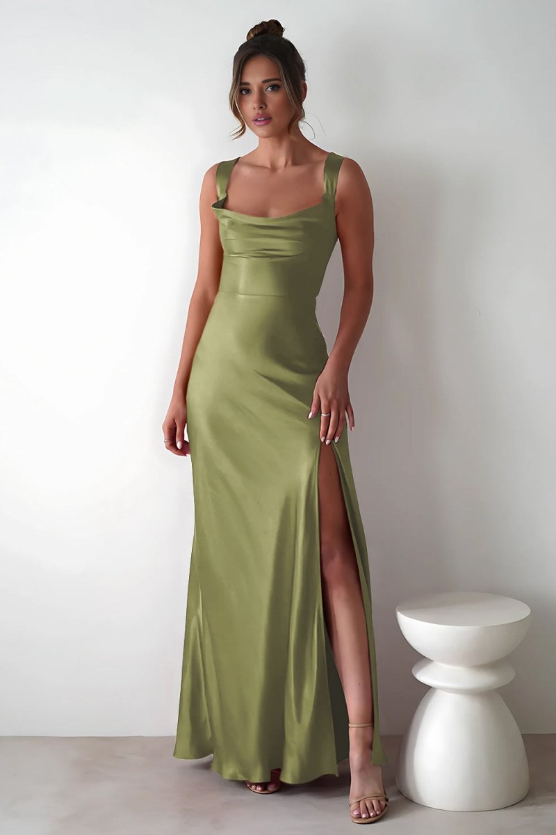 Auren | Red - A - Line Square Neck Satin Long Prom Dresses with Slit - KissProm