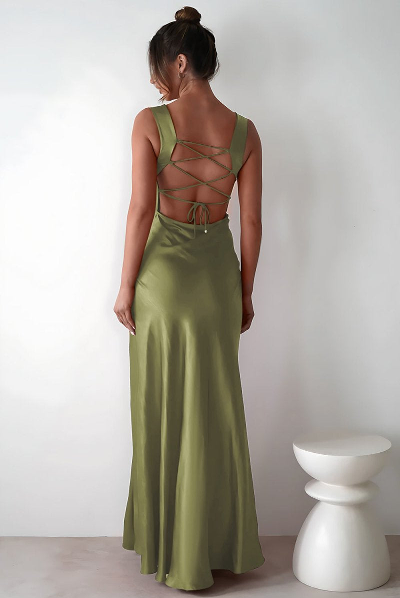 Auren | Red - A - Line Square Neck Satin Long Prom Dresses with Slit - KissProm