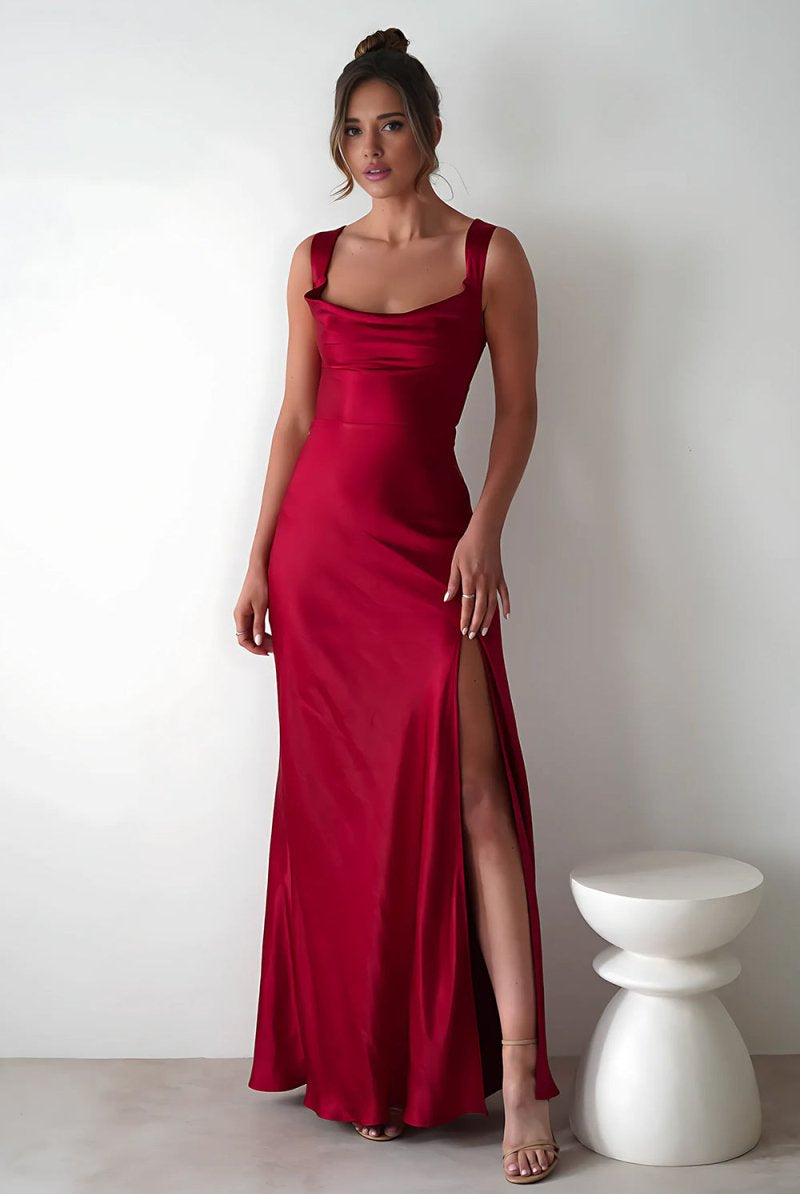 Auren | Red - A - Line Square Neck Satin Long Prom Dresses with Slit - KissProm