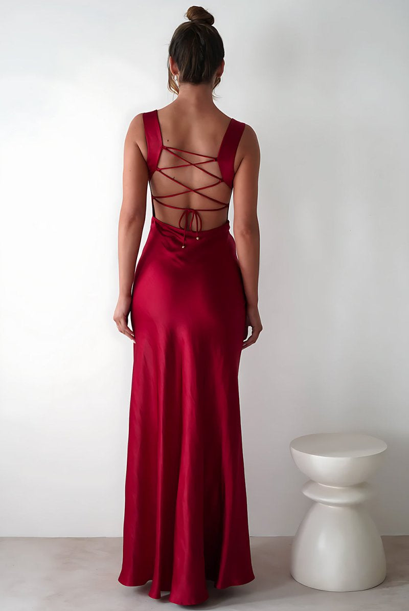 Auren | Red - A - Line Square Neck Satin Long Prom Dresses with Slit - KissProm