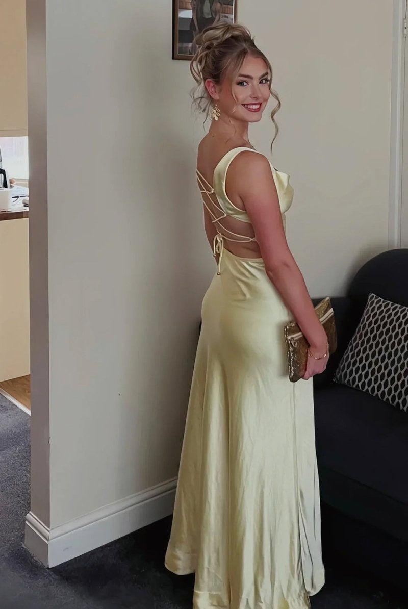 Auren | Red - A - Line Square Neck Satin Long Prom Dresses with Slit - KissProm