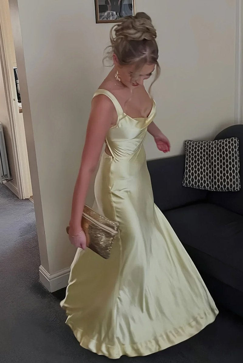 Auren | Red - A - Line Square Neck Satin Long Prom Dresses with Slit - KissProm