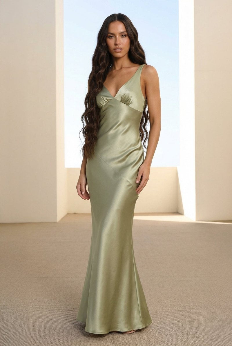 Aureth | Sage - V Neck Sheath Satin Open Back Long Prom Dresses - KissProm